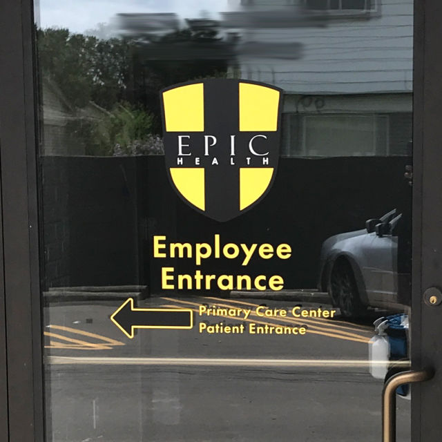 Epic Health Care Logo Graphic on Glass Door